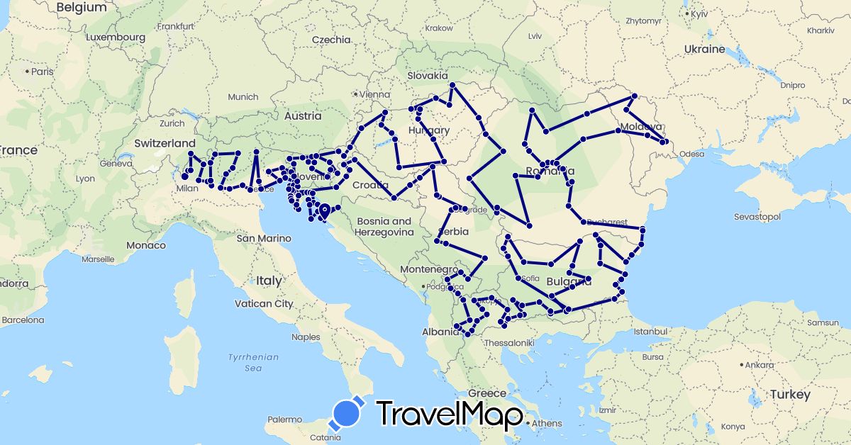 TravelMap itinerary: driving in Bulgaria, Croatia, Hungary, Italy, Moldova, Macedonia, Romania, Serbia, Slovenia, Kosovo (Europe)